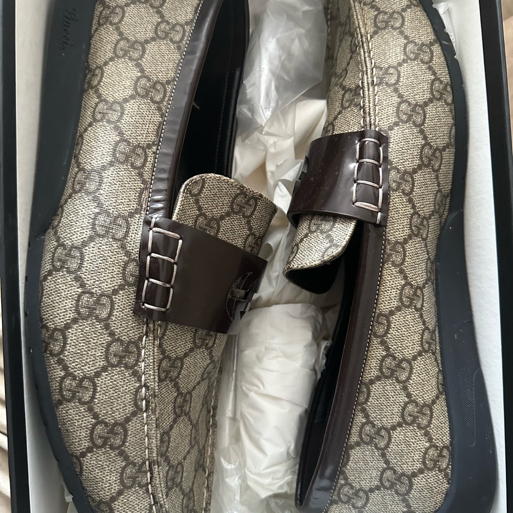 Gucci Beige and Brown Monogram Loafers